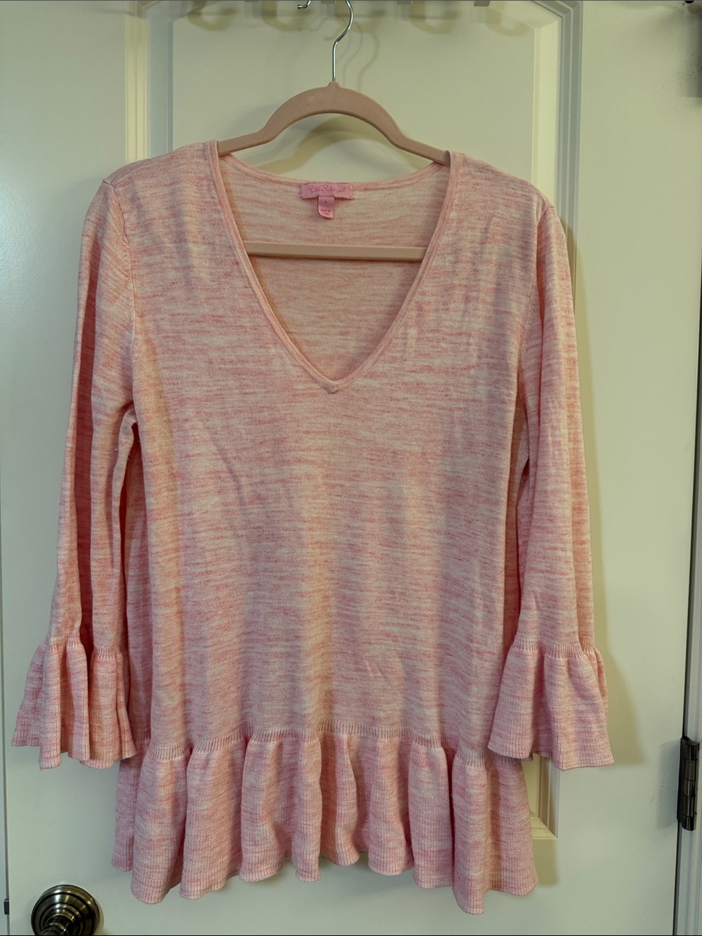 Lilly Pulitzer Pink Heathered V-Neck Ruffle-Hem Sweater